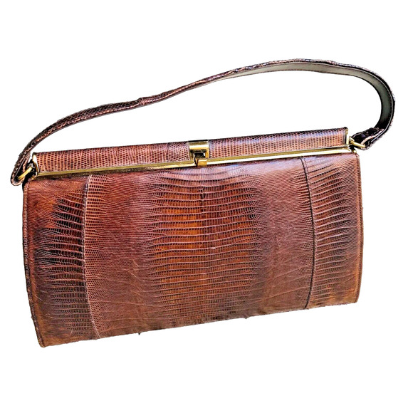 VTG Lizard Snake Alligator Skin Purse Caramel Brown Textured Leather Pocketbook - Picture 1 of 15